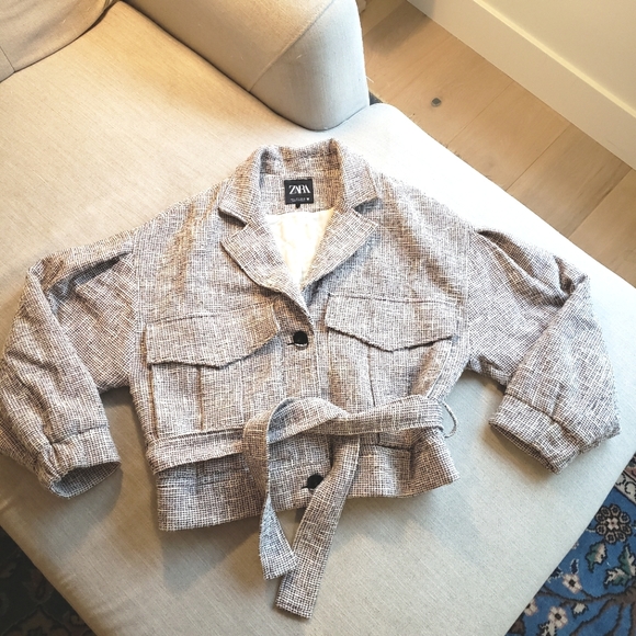 Zara Tweed Puff Sleeve Belted Jacket Small - Picture 5 of 12
